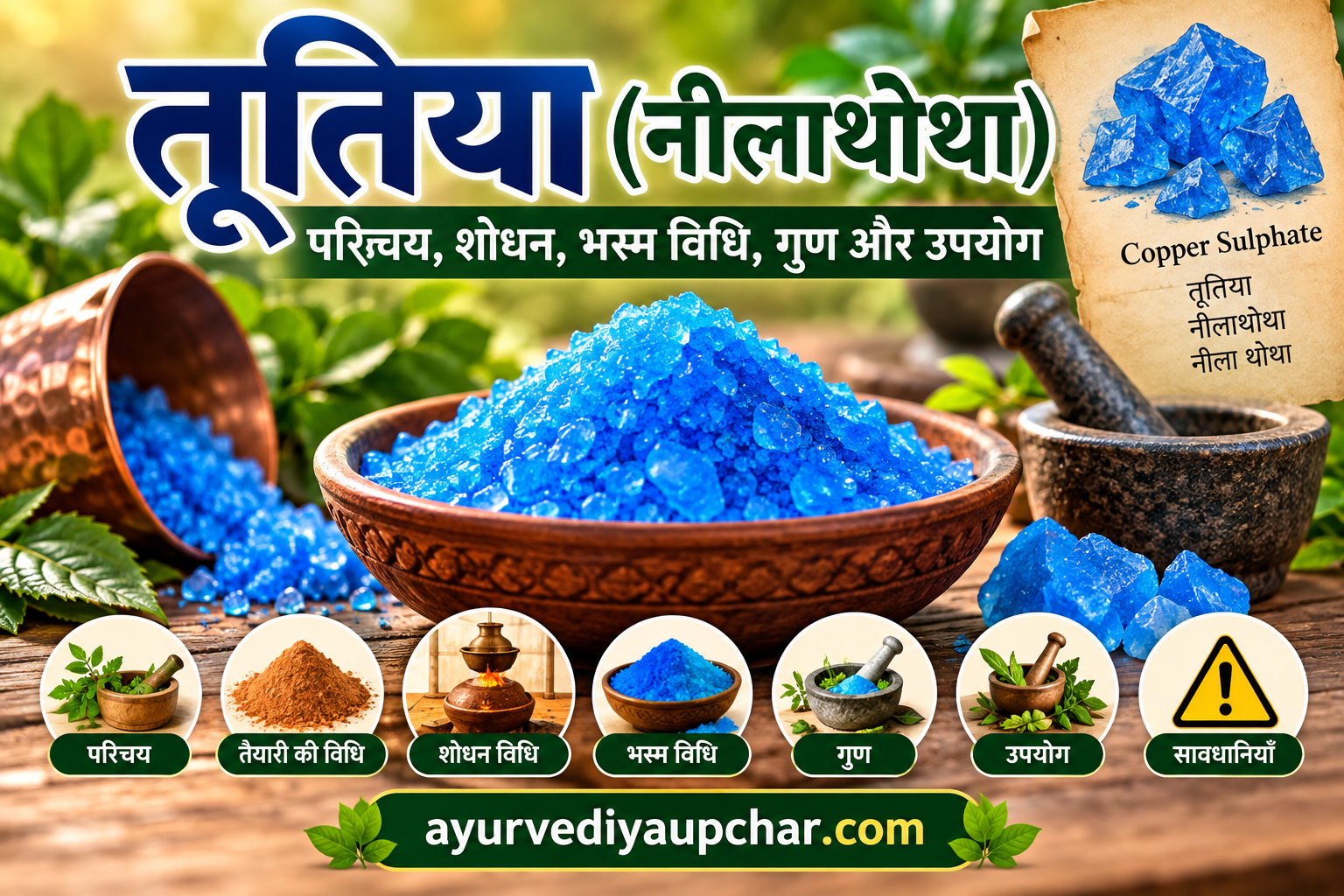 तूतिया (नीलाथोथा): परिचय, शोधन, भस्म-विधि, गुण एवं पारंपरिक उपयोग