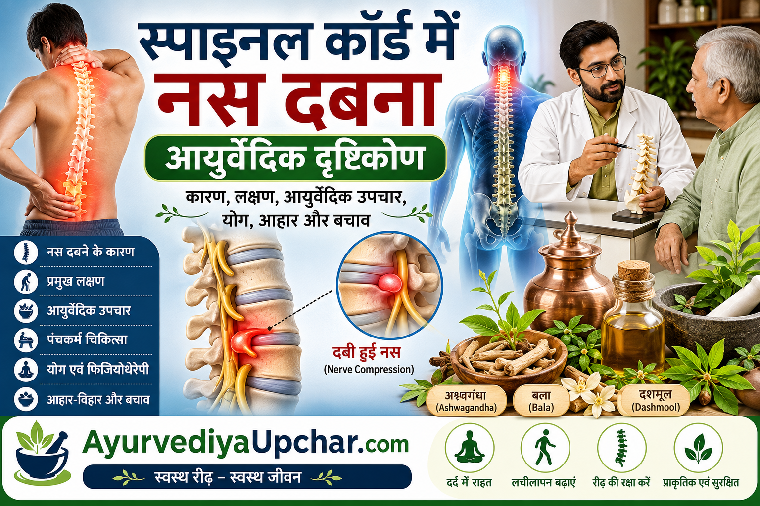 स्पाइनल कॉर्ड में नस दबना: आयुर्वेदिक दृष्टिकोण, कारण, लक्षण, उपचार और बचाव
