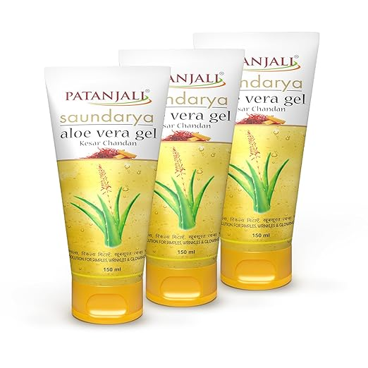 Patanjali Saundarya Aloe Vera Gel Kesar Chandan, for Skin Hydration and Nourishment with Natural Aloe Vera Extract 150ml (Pack of 3)