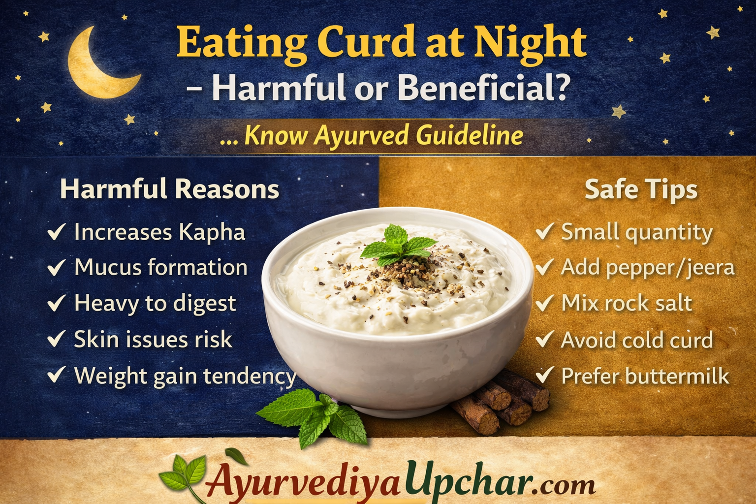 हानिप्रद है रात में दही का सेवन (आयुर्वेद के अनुसार व्यवस्थित विवरण)
