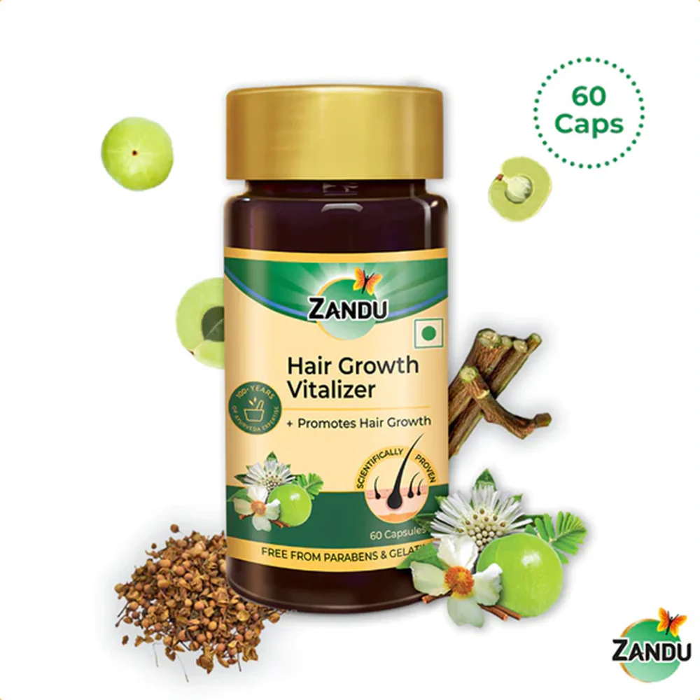 ZANDU Hair Growth Vitalizer Capsules | Scientifically Proven for Hair Growth, Fall Control & Delayed Graying (60 Caps)