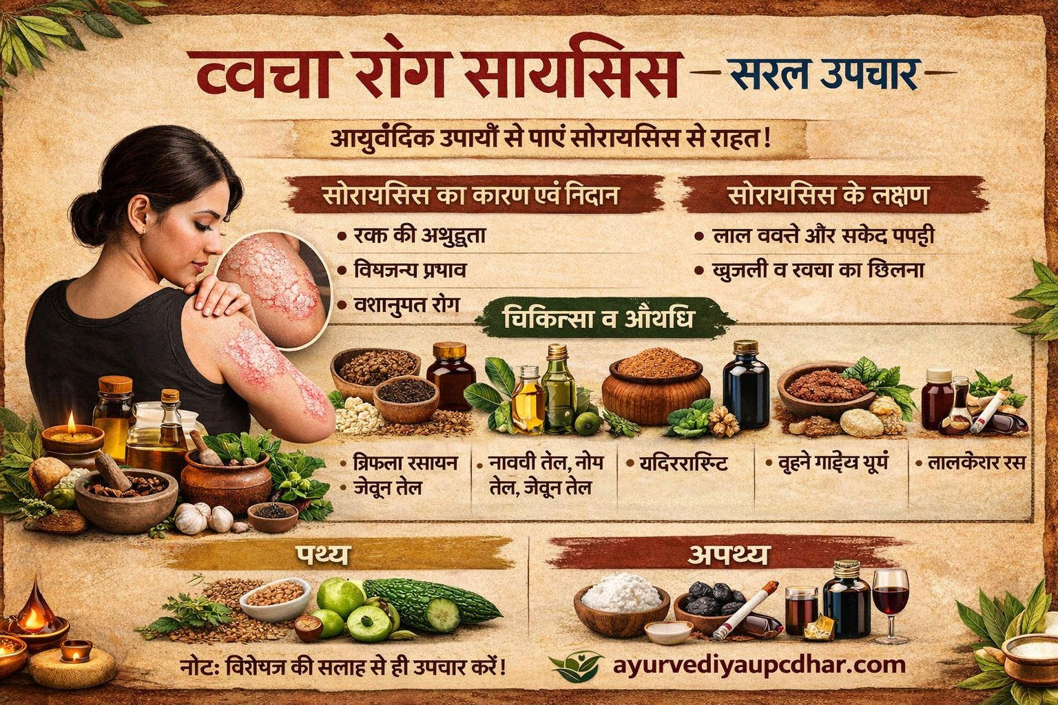 त्वचा रोग सोरायसिस – कारण, लक्षण, आयुर्वेदिक उपचार, पथ्य और परहेज