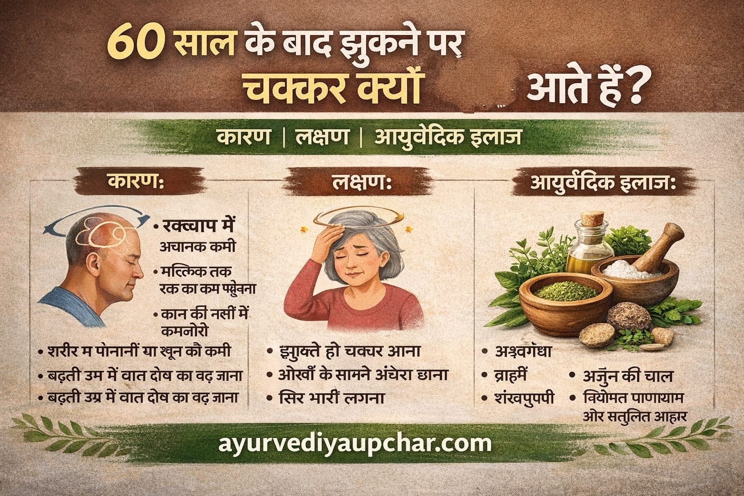 60 वर्ष की उम्र के बाद झुकने पर सिर घूमना, चक्कर आना और दो-दो दिखाई देना: कारण, सावधानियाँ और आयुर्वेदिक उपचार