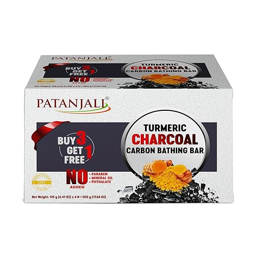 Patanjali Turmeric Charcoal Body Cleanser Natural Body Cleansing Soap for Men & Women With Activated Charcoal Bathing Bar for Glowing, Smooth & Soft Skin 125 gm Pack of 4 (3+1)
