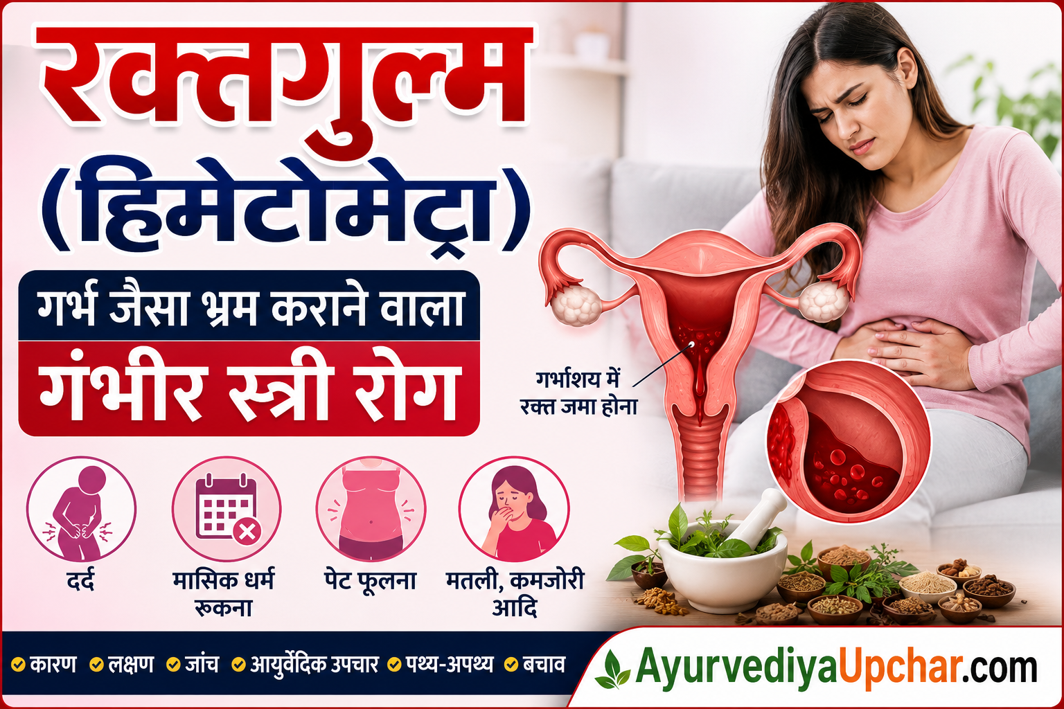 रक्तगुल्म (हिमेटोमेट्रा): गर्भ जैसा दिखने वाला गंभीर स्त्री रोग – कारण, लक्षण, आयुर्वेदिक दृष्टिकोण एवं बचाव