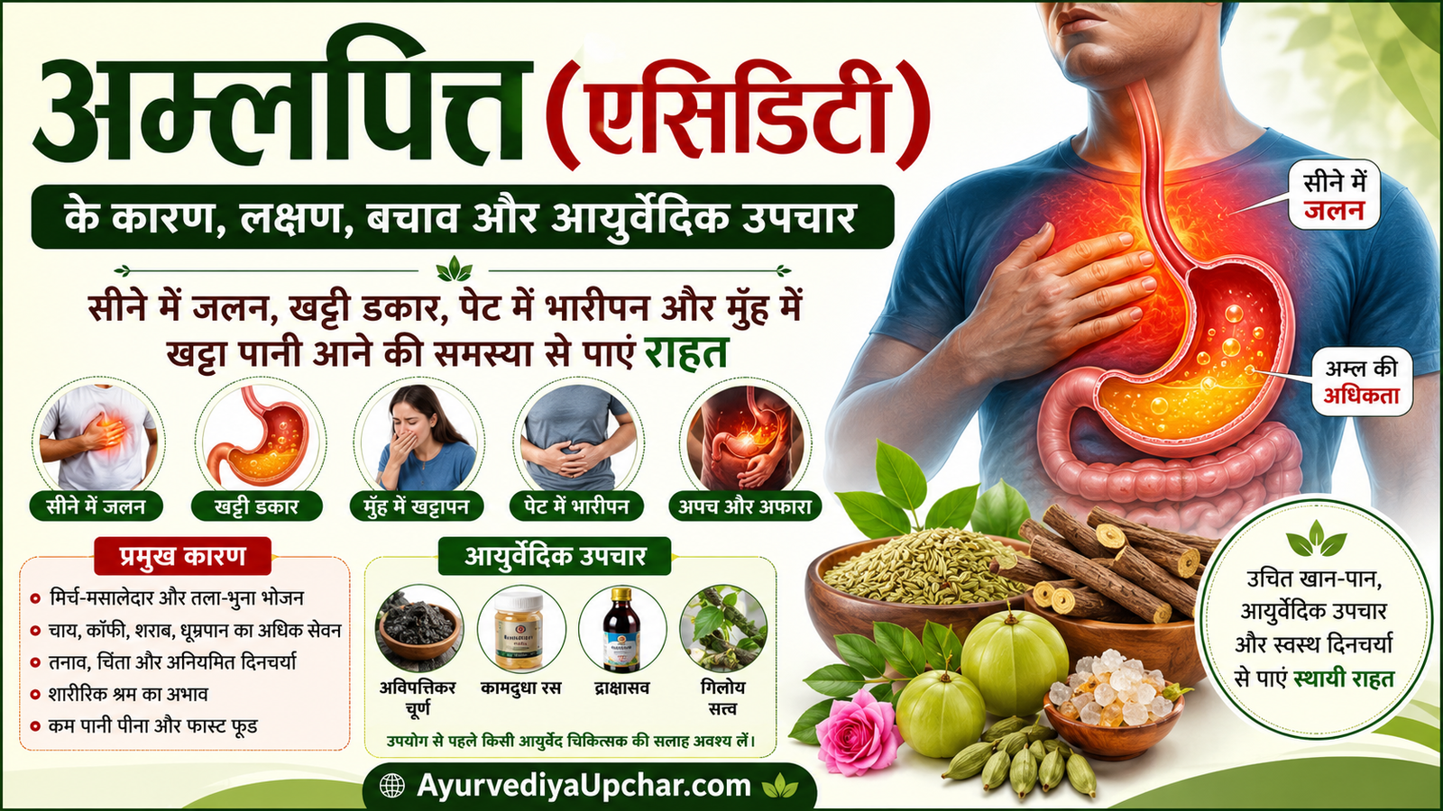 सीने में जलन पैदा करने वाला रोग : अम्लपित्त (एसिडिटी) – कारण, लक्षण, बचाव एवं आयुर्वेदिक उपचार