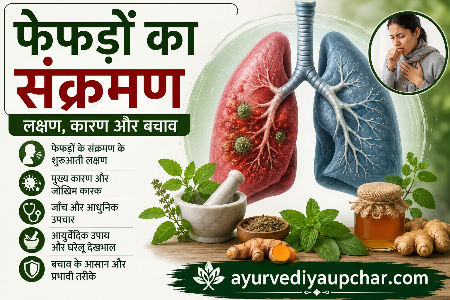 फेफड़ों का संक्रमण (Lungs Infection): कारण, लक्षण, प्रकार, उपचार, आयुर्वेदिक उपाय और बचाव की पूरी जानकारी