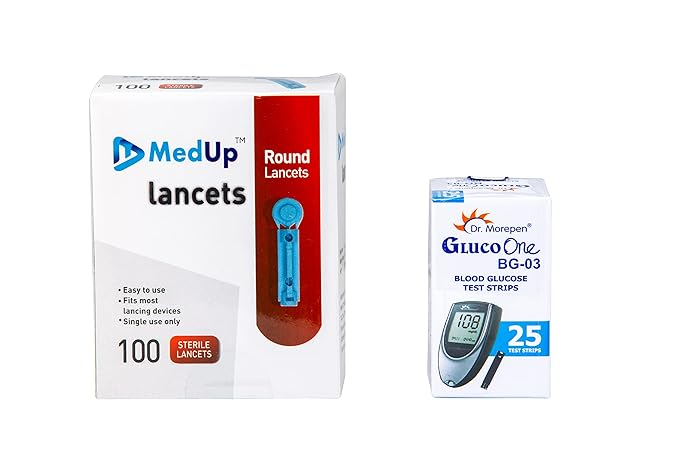 Round 100 Lancets with DR. MOREPEN BG-03 25 Test Strips Combo (No Glucometer)
