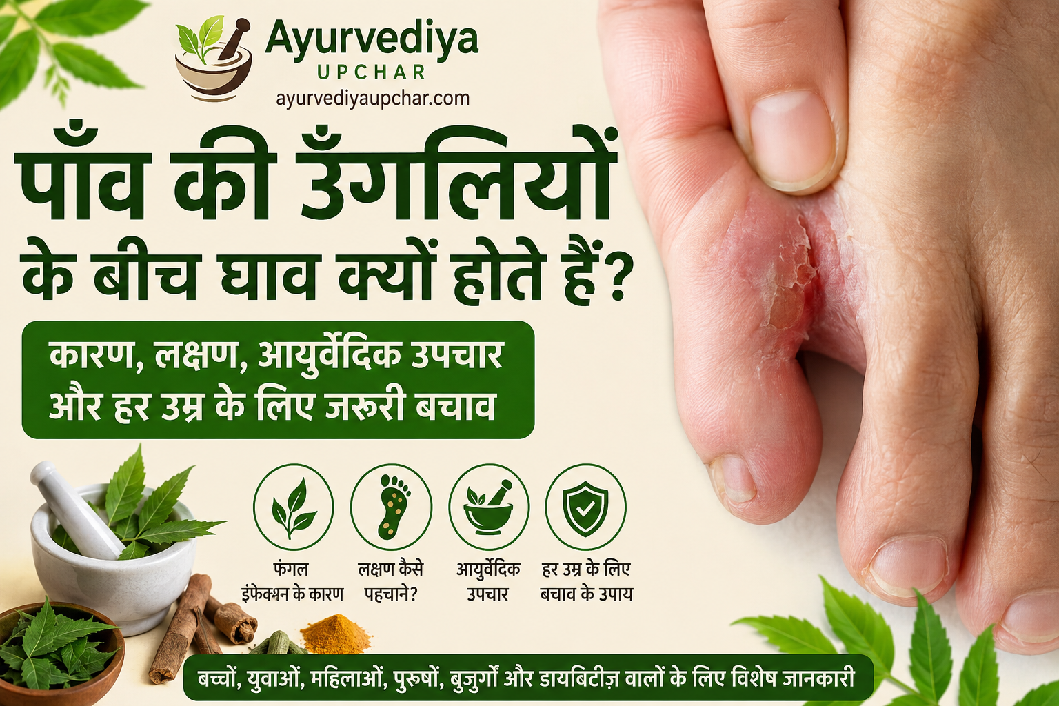 पाँव की उँगलियों के बीच बार-बार घाव क्यों होते हैं? जानिए कारण, लक्षण, आयुर्वेदिक उपचार और हर उम्र के लिए जरूरी सावधानियाँ