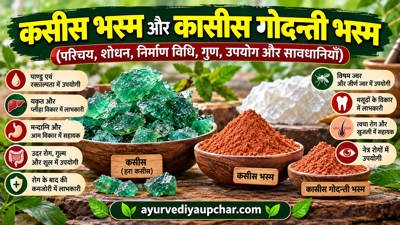 कसीस भस्म और कासीस गोदन्ती भस्म: परिचय, शोधन, निर्माण विधि, गुण, उपयोग और सावधानियाँ