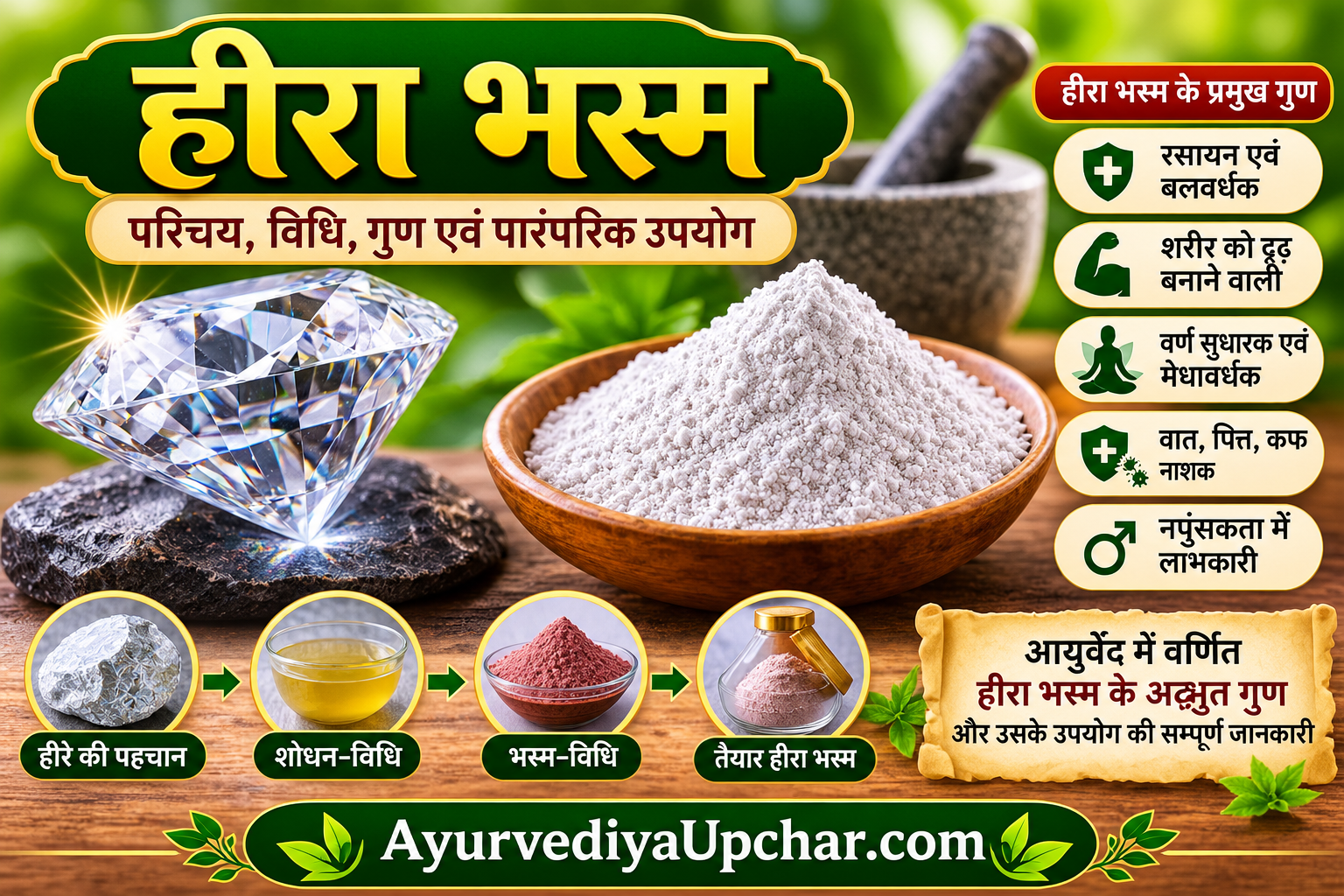 हीरा भस्म: परिचय, आयुर्वेदिक वर्गीकरण, शोधन-विधि, भस्म-विधि, गुण एवं पारंपरिक उपयोग